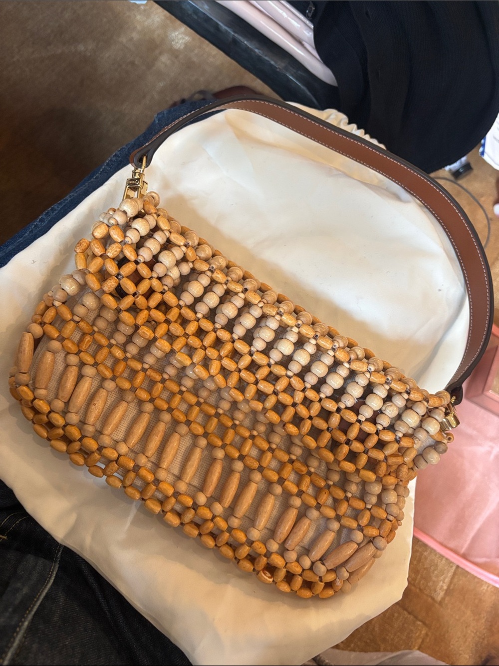 STAUD Beaded Shoulder Bag in Tan and Cream WORN ONCE